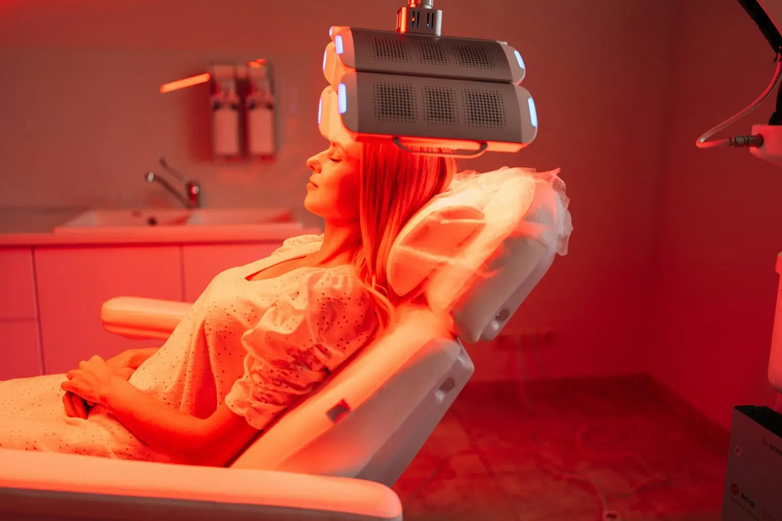 A client reclining under a red light therapy panel